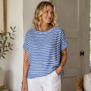 Poetry UK 12 US 8 Blue White Striped Linen Top Coastal Cottagecore